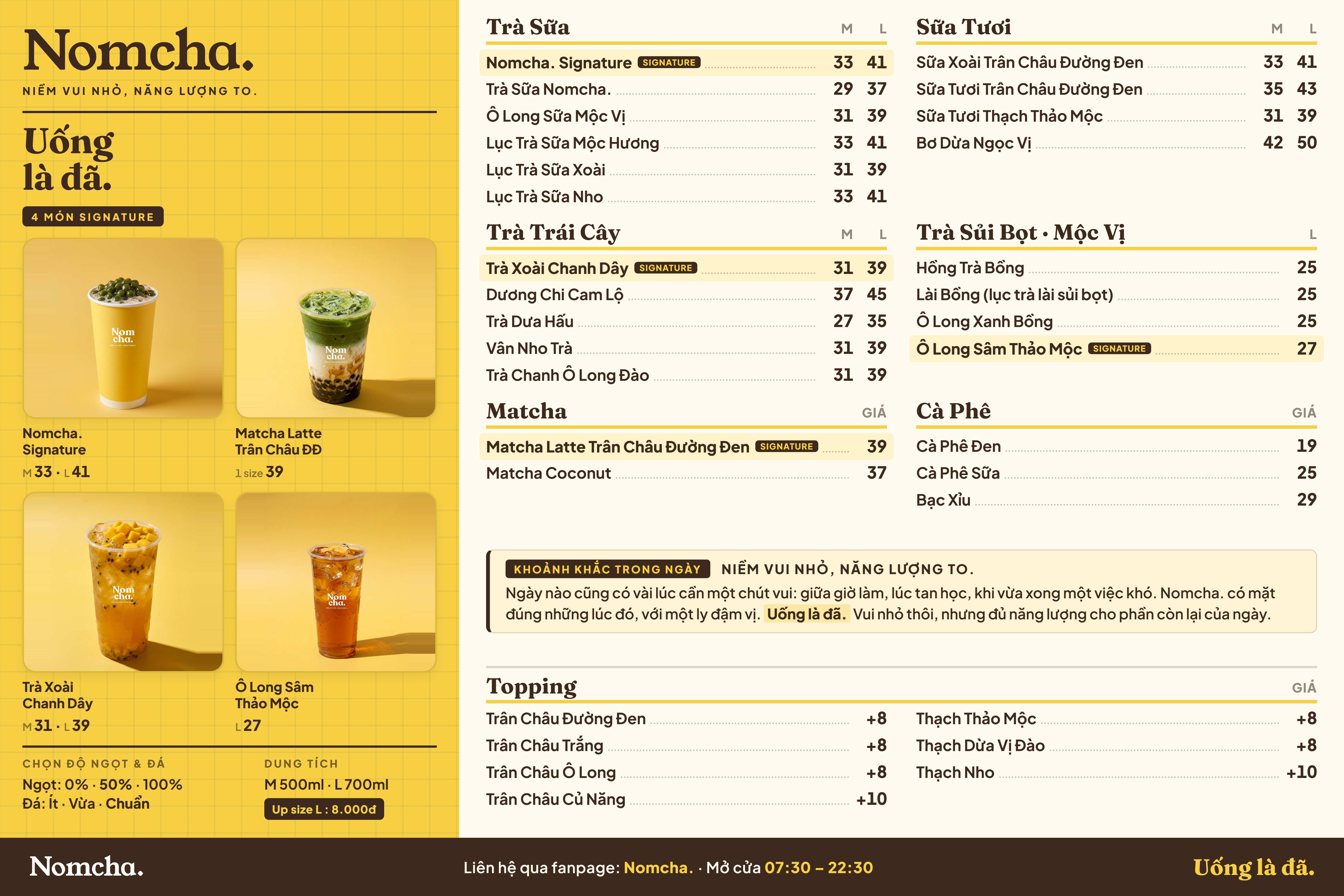 Ảnh menu quầy Nomcha. với 4 món Signature, 24 món nước, 7 loại topping và giá tại quầy