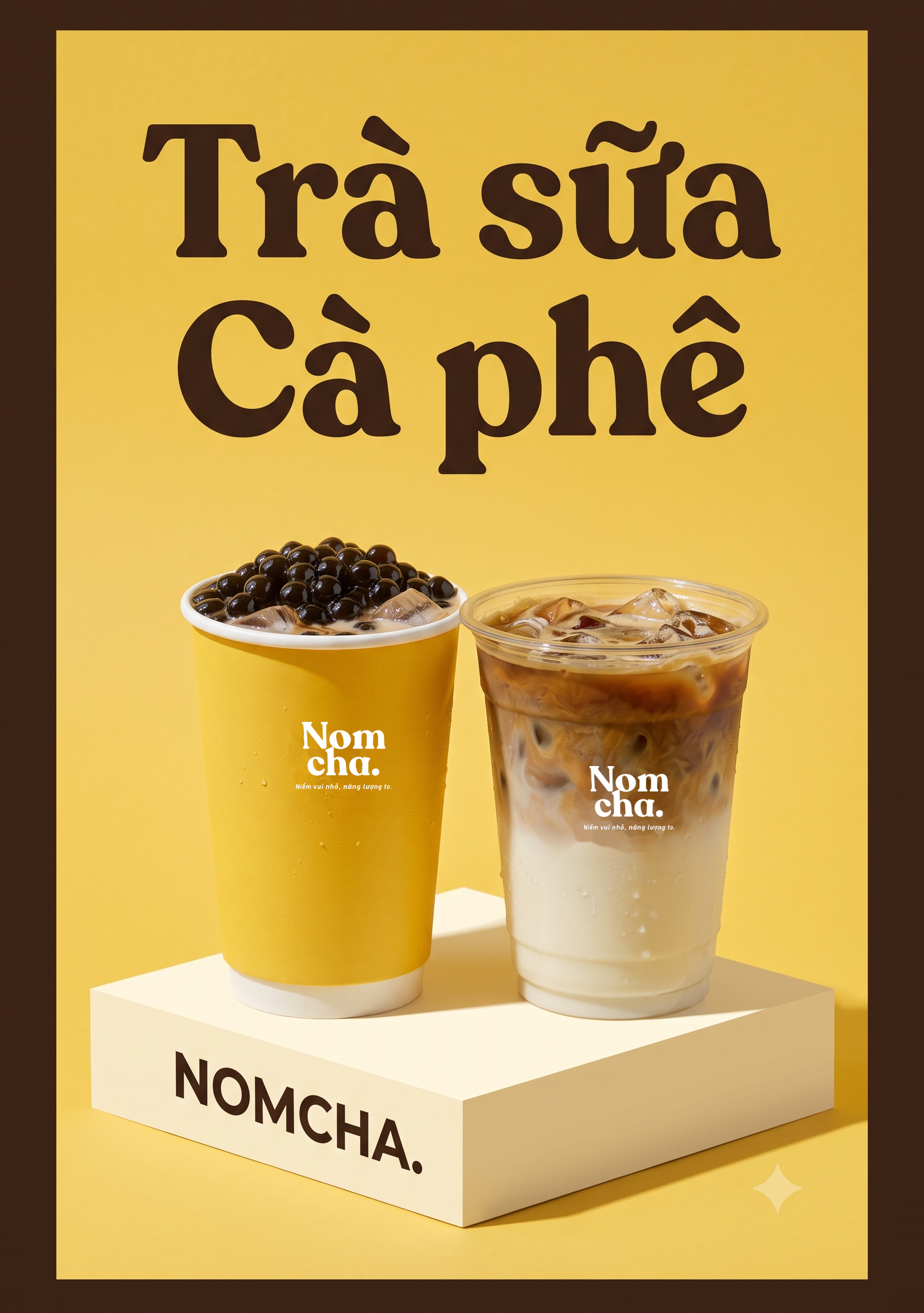 Tranh Nomcha. Trà sữa và Cà phê với ly giấy vàng đứng cạnh ly cà phê trong (ảnh minh họa)