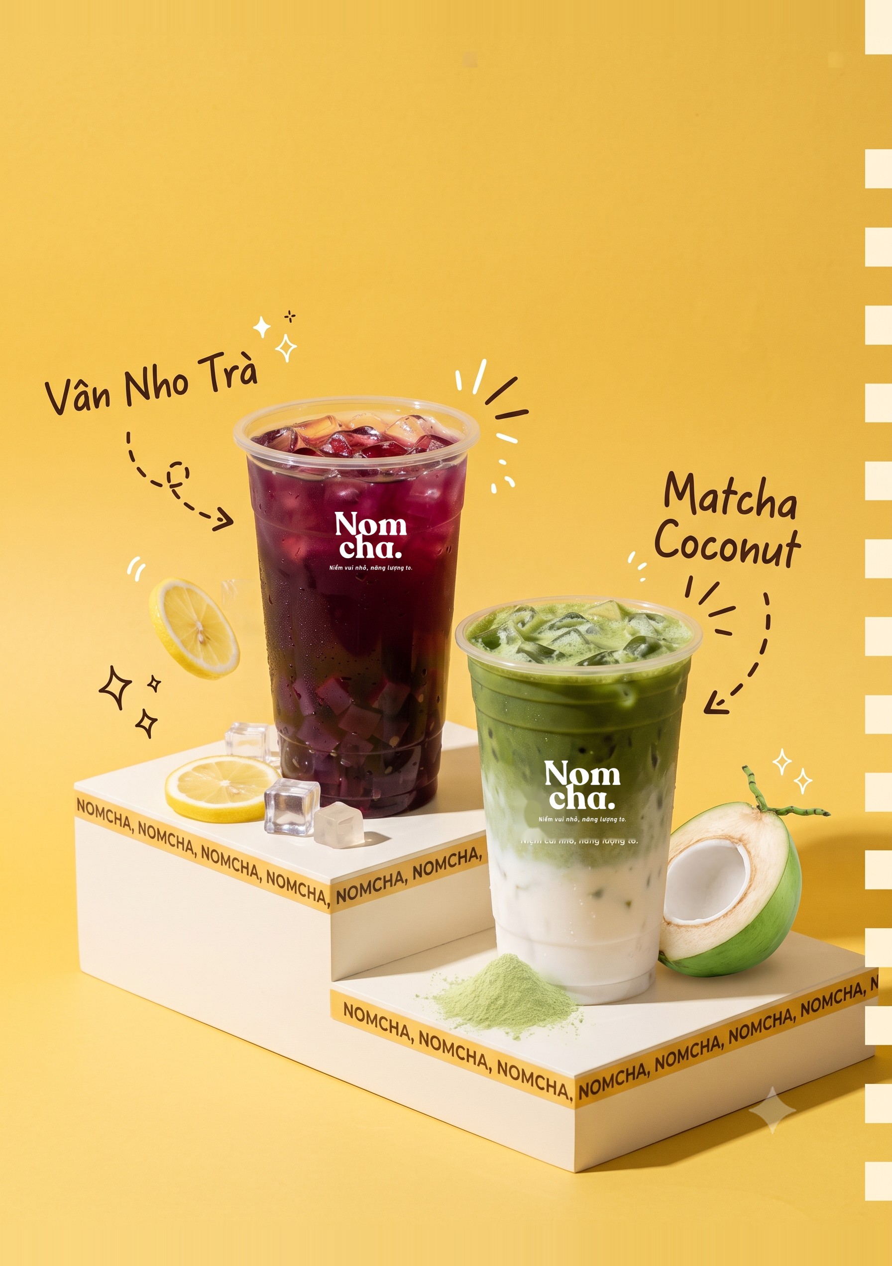 Tranh Nomcha. với ly Vân Nho Trà màu tím và ly Matcha Coconut xanh trong (ảnh minh họa)